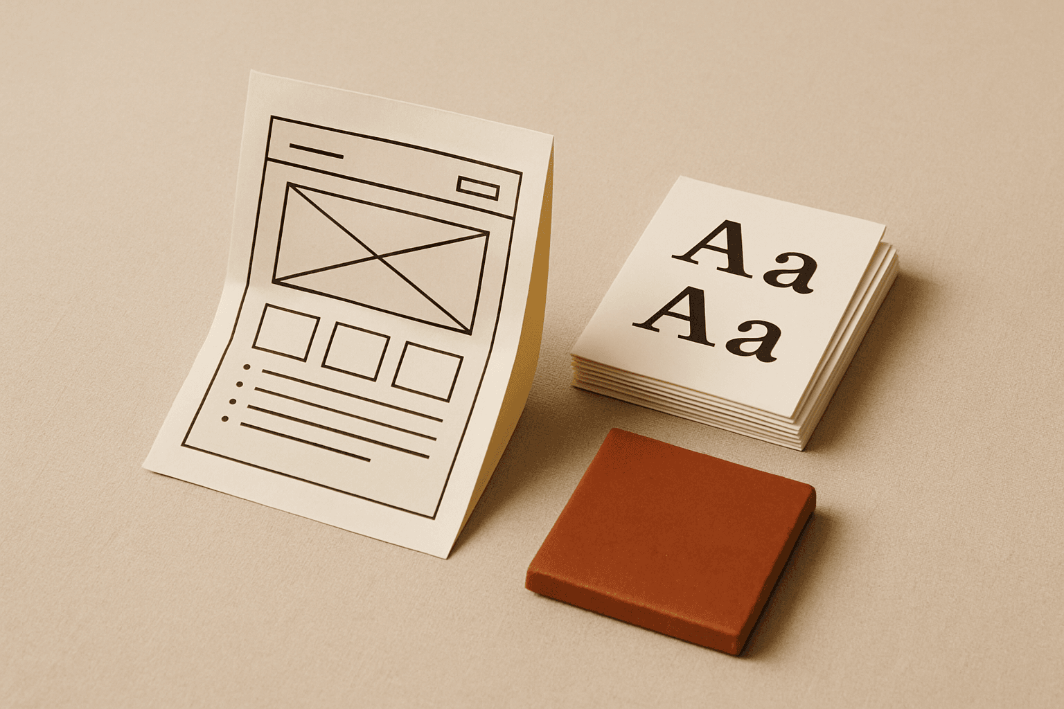 Abstract still life of a folded wireframe sketch, type specimen cards and a terracotta tile, evoking a studio building its own website