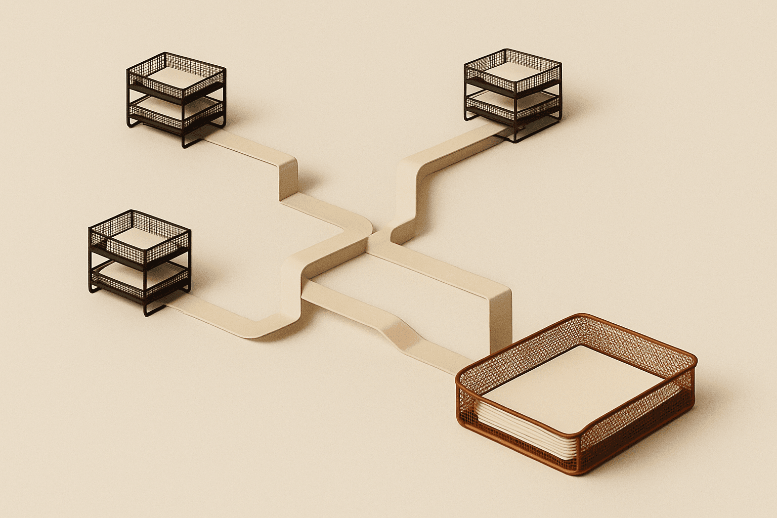 Abstract composition of routed paper trays representing automated intake and document workflows