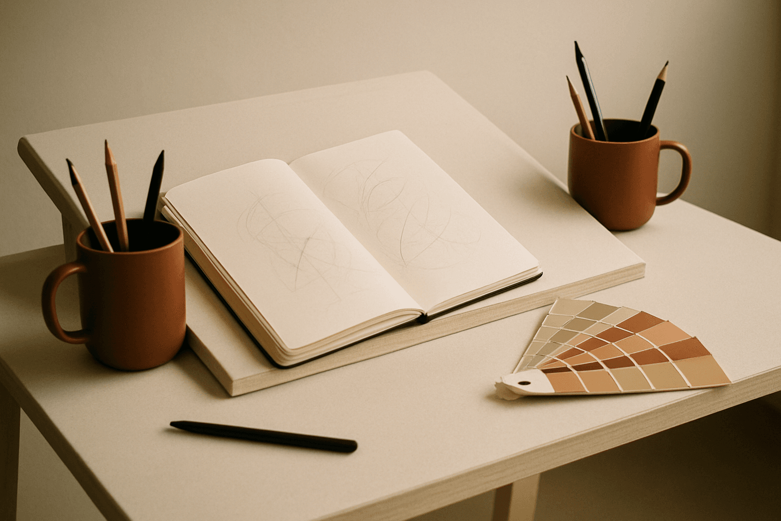 Photograph of a shared design studio desk with a sketchbook, swatch cards and two mugs of pencils